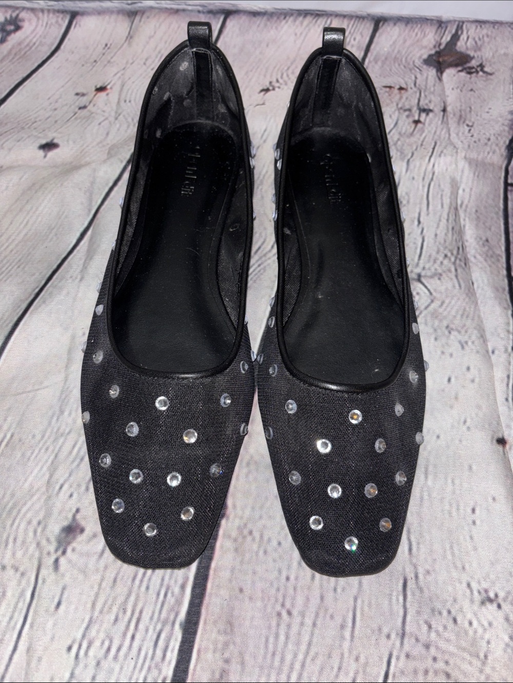 Black Rhinestone Embellished Square-Toe Ballet Flats